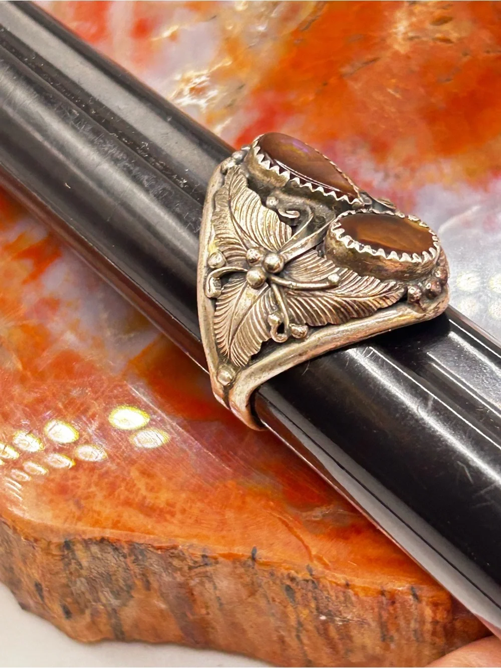 Mens Southwest Sterling Silver Fire Opal Ring - Size 11.5